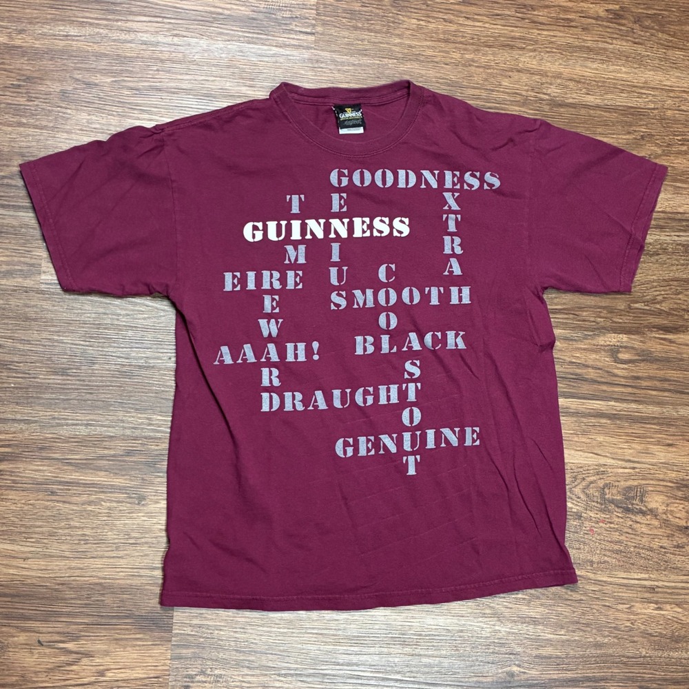 Guinness Beer Crossword Graphic T Shirt Mens L Burgundy Official Merchandise